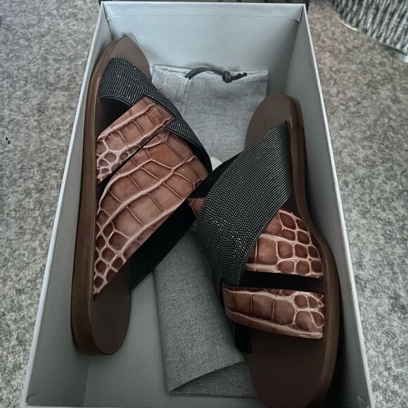 Brunello Cucinelli Croc Effect Slide Sandals NWB - Picture 3 of 9